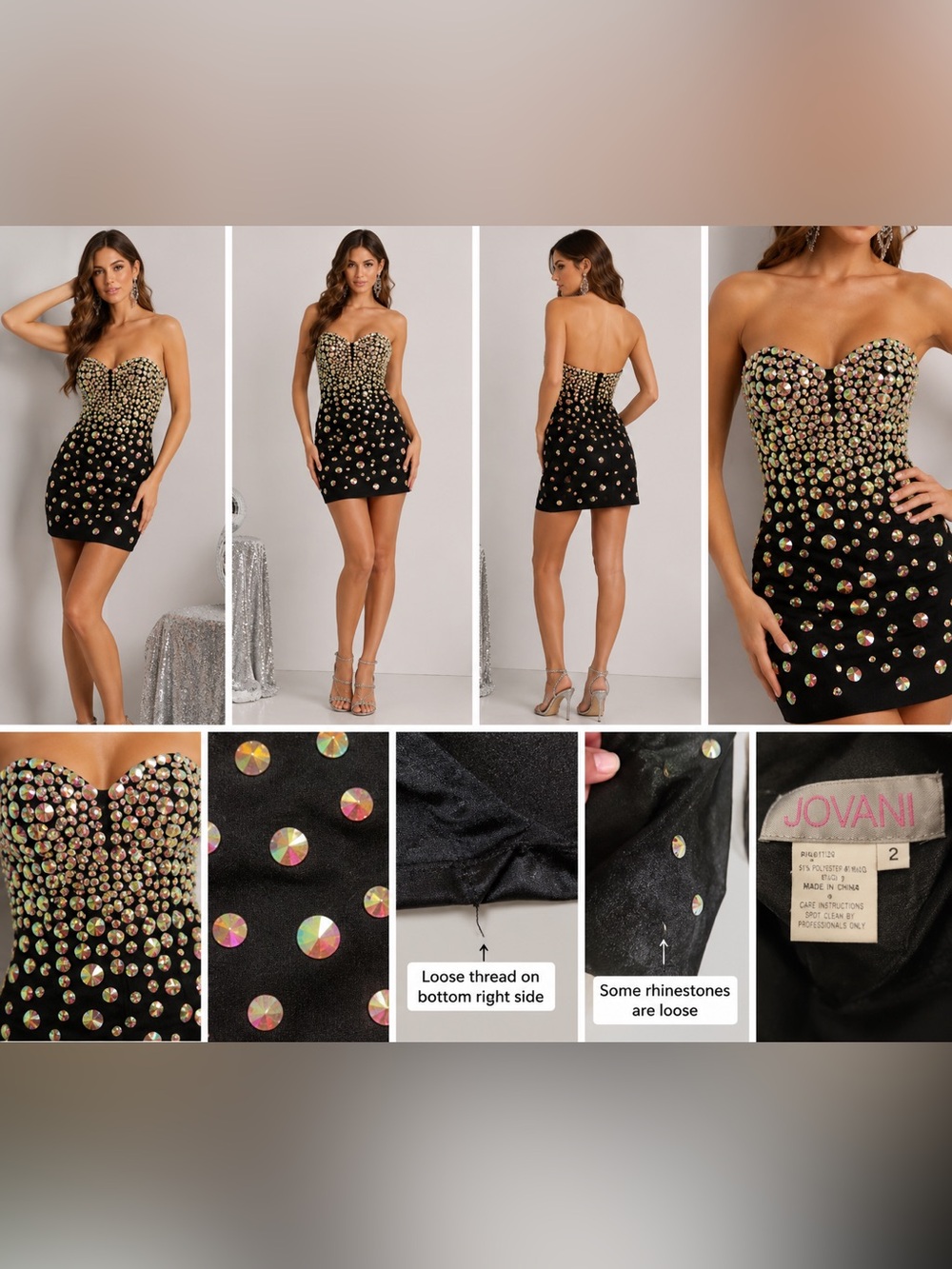 Jovani Black Iridescent Rhinestone Strapless Mini Dress Size 2 Party Cocktail